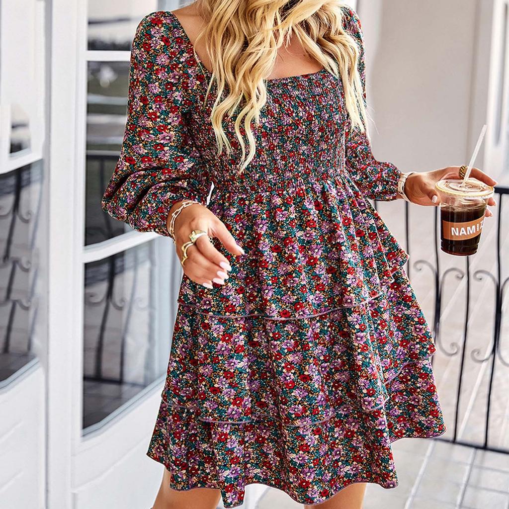 Women's Fashion Casual Print Temperament French Square Collar Long Sleeve Dress