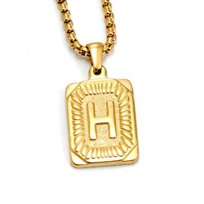 18K Gold Square Double-sided English Letter Pendant for Men, Titanium Steel Necklace