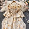 Floral Print Strapless Dress Women French Slash Neck Flare Sleeve Elastic Waist Lady Vacation Fashion Slm A Line Dress