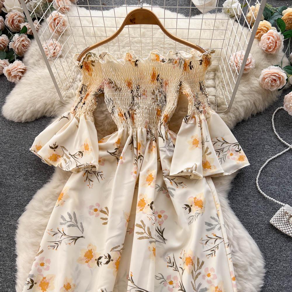 Floral Print Strapless Dress Women French Slash Neck Flare Sleeve Elastic Waist Lady Vacation Fashion Slm A Line Dress