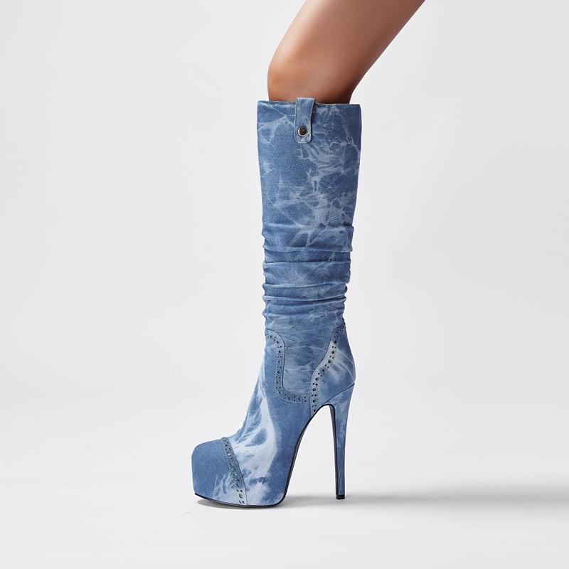 Fashion Kaky's New Round Head Waterproof Platform Denim High Heel Women's Boots Large High Barrel Boots Long Boots