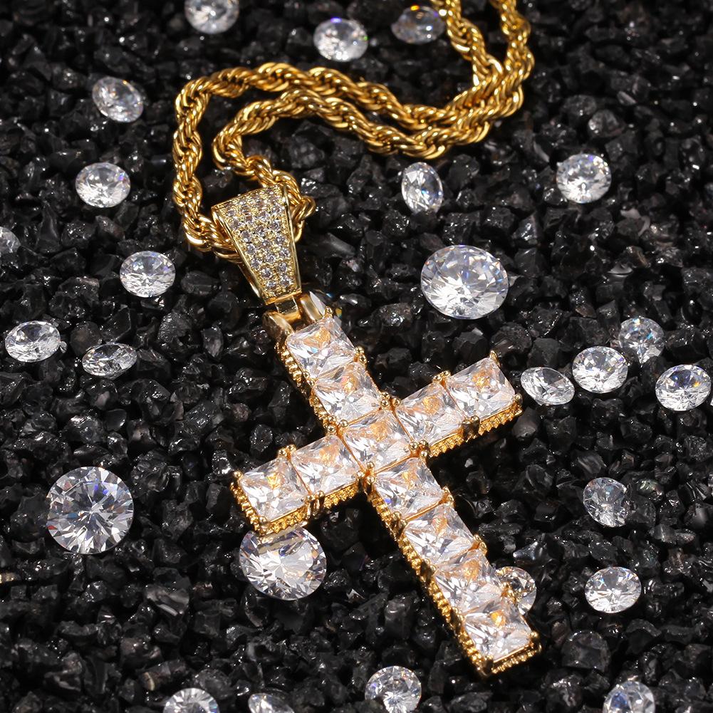 Hip Hop Square Zircon Cross Necklace Punk Personality Male and Female Couple Pendant Accessories