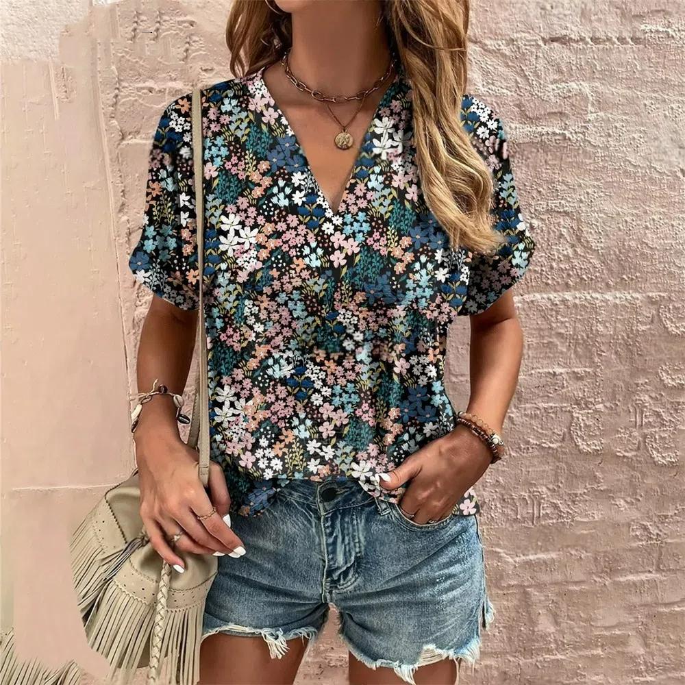 S-8XL Plus Size Crushed Flower Casual T Shirts Streetwear Casual Women's Short Sleeve Tops Tees V Neck T-shirt Fashion Clothing