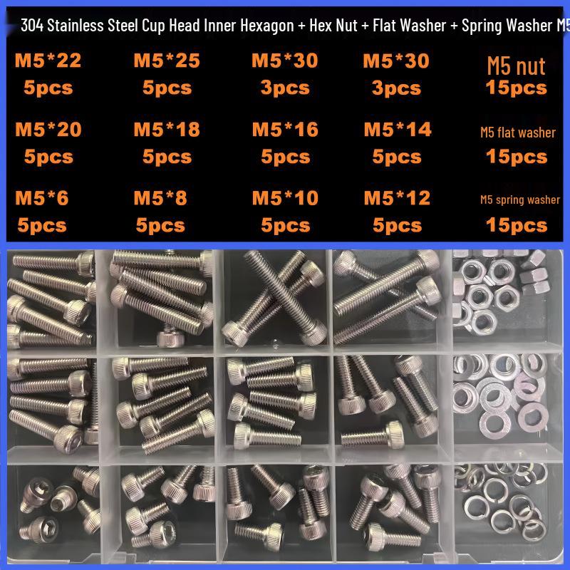 360-Piece High Strength Grade 12.9 Internal Hex Socket Screw and Hex Nut Set (M3, M4, M5, M6)