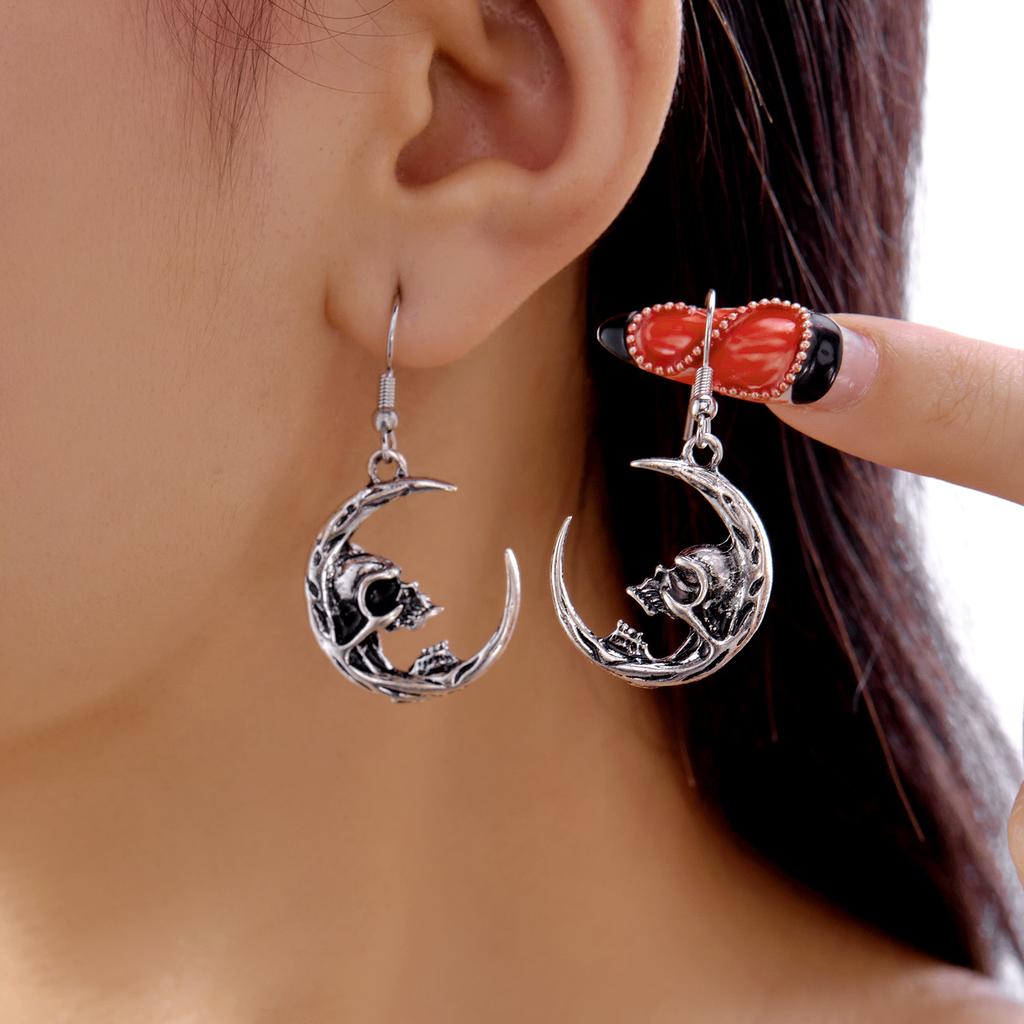 Gothic Halloween Skull Skeleton Dangle Earrings For Women Vintage Punk Skull Crescent Moon Earrings Party Festival Jewelry Gifts