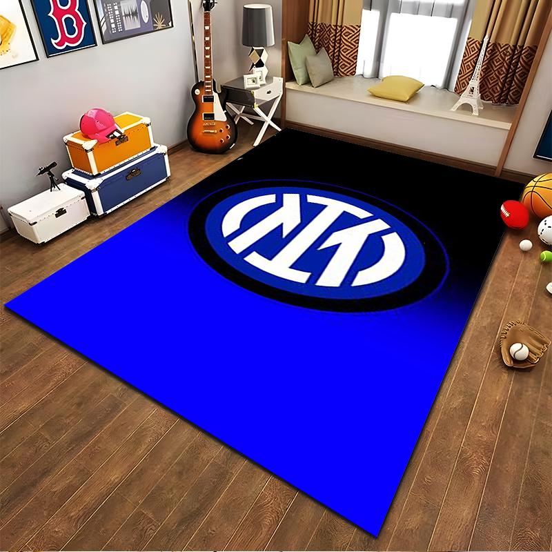 Blue and Black Carpet with Circular White Geometric Symbol Design Suitable for use as an anti-slip for living room bedroom sofas