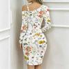 Women Plus Size Cold Shoulder Long Sleeve Multicolor Wildflower Print Irregular Slit Bodycon Midi Dress