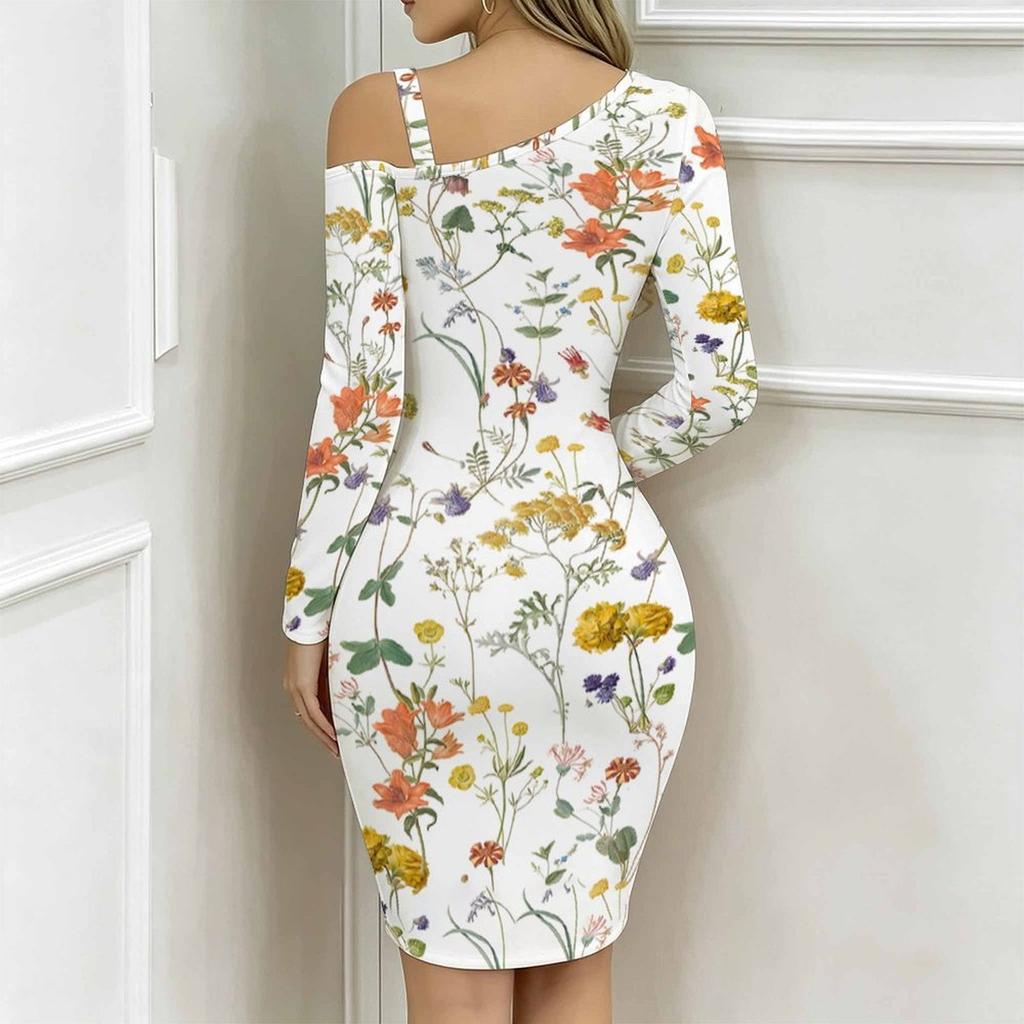 Women Plus Size Cold Shoulder Long Sleeve Multicolor Wildflower Print Irregular Slit Bodycon Midi Dress