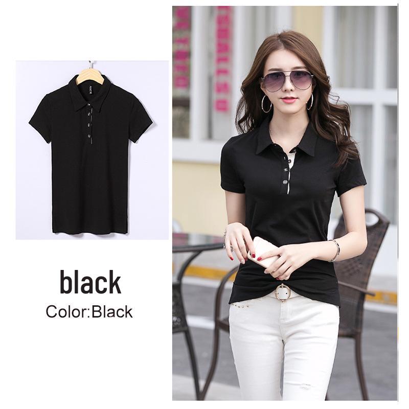 2025 Summer Women's Slim Fit Short Sleeve Polo - Korean Style Solid Color Lapel T-shirt