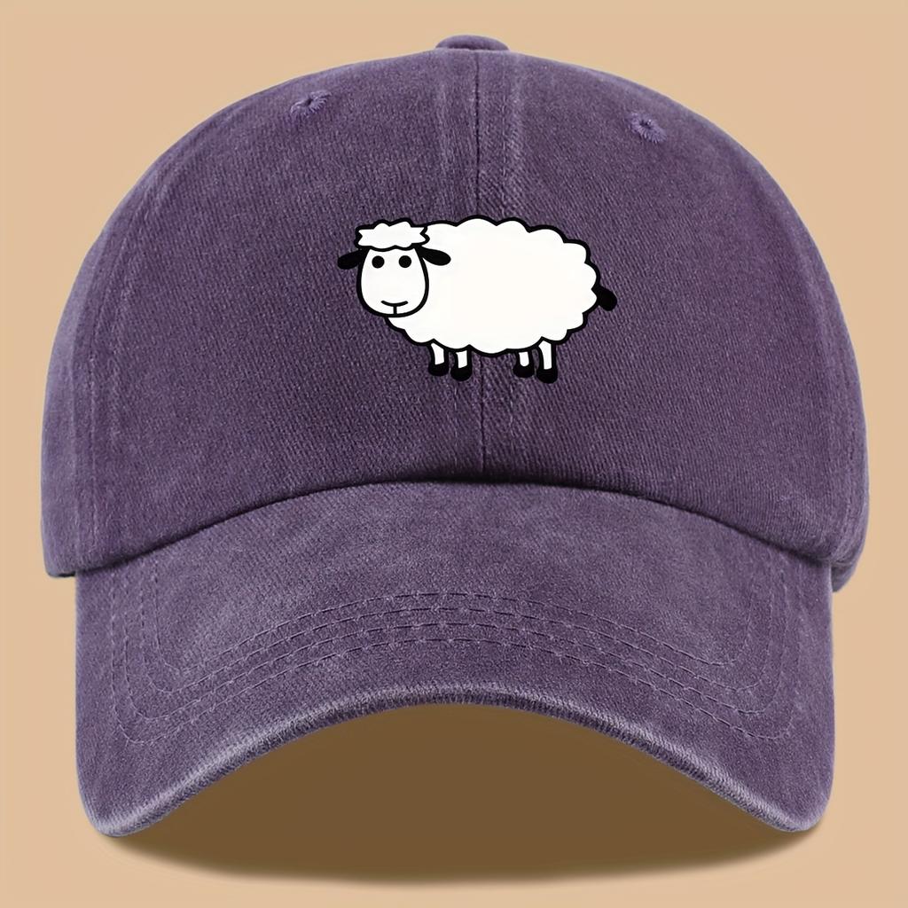 Lamb print truck cap with adjustable retro wash design suitable for outdoor activities, vacations, hiking, fishing