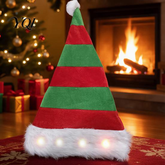 Christmas Hat with Lights Light Up Tree Hat, Striped Plush LED Party Eye Catching Stage Performance Fur Trim, Holiday Cosplay Costume Accessory