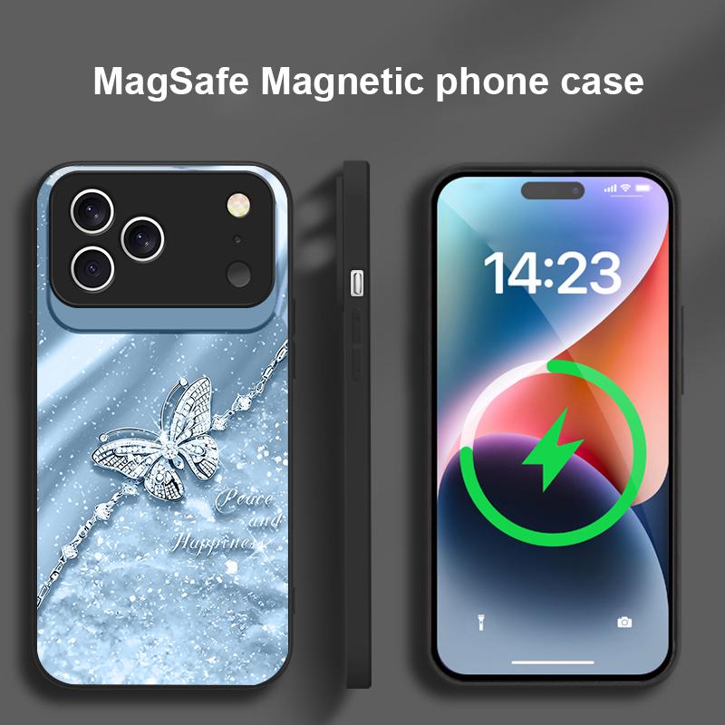 An elegant blue butterfly For iPhone 17 Pro Max 16 E 15 14 13 Plus 12 mini 11 17 Air XR Xs Max 7 Plus Magsafe Glass Phone Case
