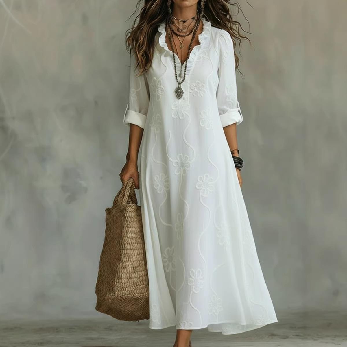 2026 spring and summer European and American women s clothing embroidered cotton and linen V-neck holiday style long dress S