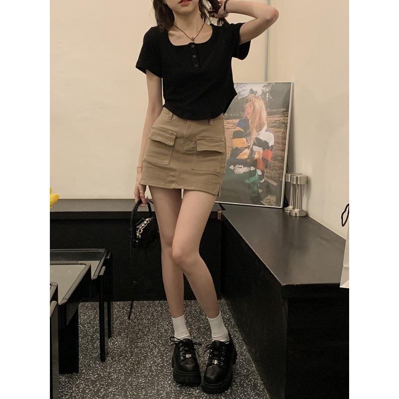 

Короткая футболка для женщин, летняя, новая, корейский стиль, повседневная, тонкая, внутренняя одежда, студенческий, тонкий, с высокой талией, студенческий топ 2XL чёрный