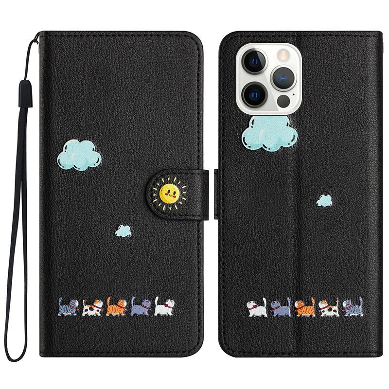 Applicable To iPhone16 Mobile Phone Case Cartoon Cat Leather Case, Samsung S25a56 Xiaomi OPPO Wallet All-inclusive Card