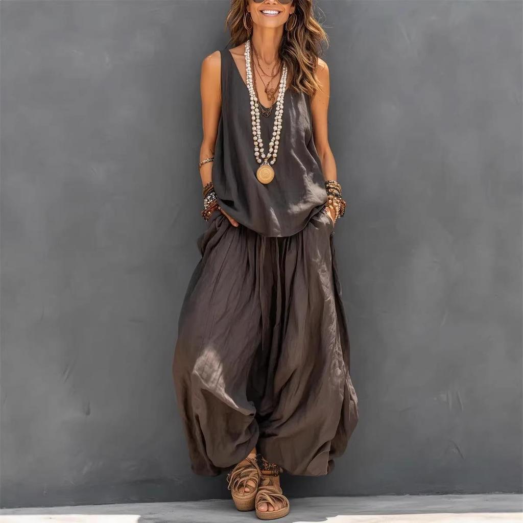 Solid Color Women's V-Neck Sleeveless Vest & Two-Piece Set for Cross-Border E-commerce.