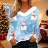 Women's Casual Plush Collar Long Sleeve Christmas Print V Neck Top for Holiday Winter Wear
