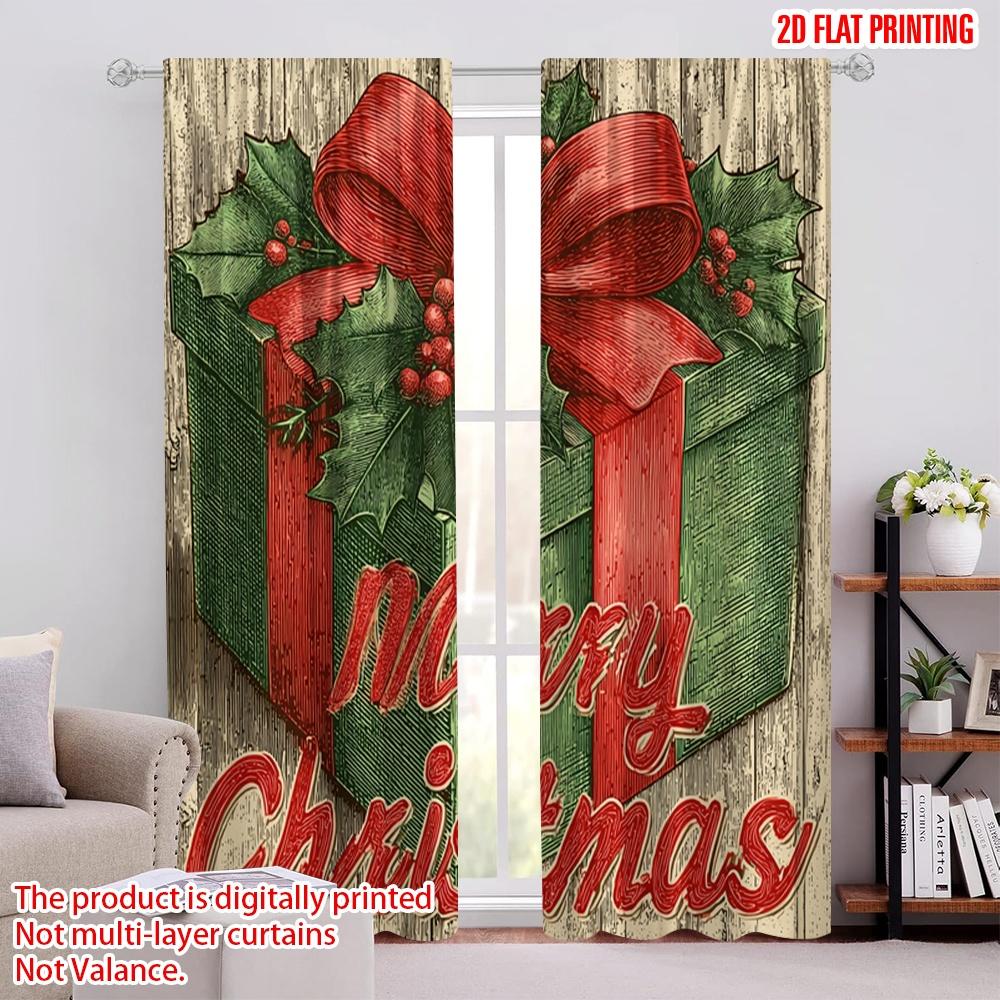 2pcs,2D Plane Printing Print Curtains Holly Berries & Gift Box Versatile Durable Polyester (without Rod) Festive Use for Living