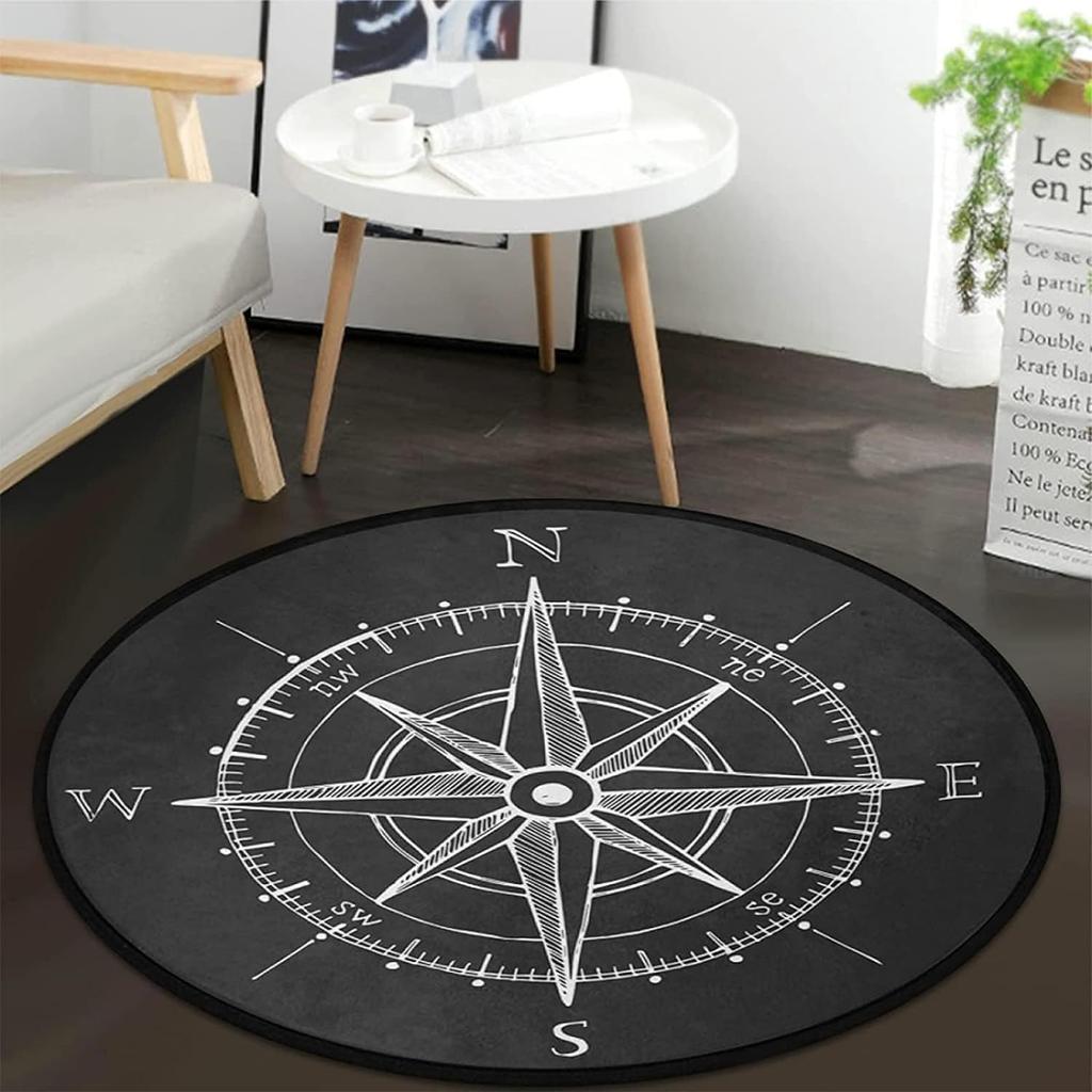 Compass Carpet Non-Slip Doormat Nautical Theme Floor Mat Round Area Rug for Bedroom Living Room Study Playing Room Decor