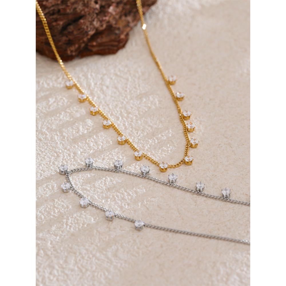 Yhpup Shiny Cubic Zirconia Chic Chain Necklace for Women Stainless Steel Delicate Premium Exquisite Collar Jewelry for Women