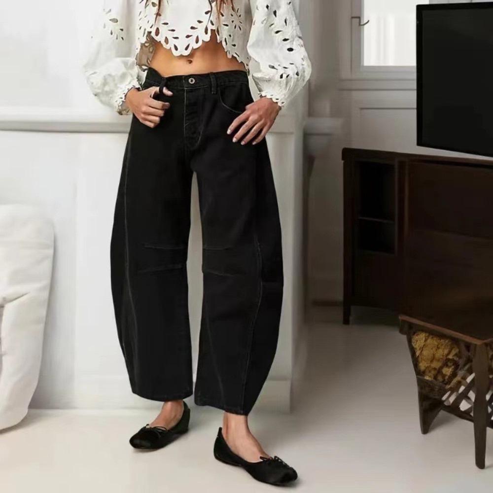 Women s Mid Rise Cropped Harem Pants Loose Fit Solid Color Medium Stretch Fall Casual Nine Point Denim Trousers S