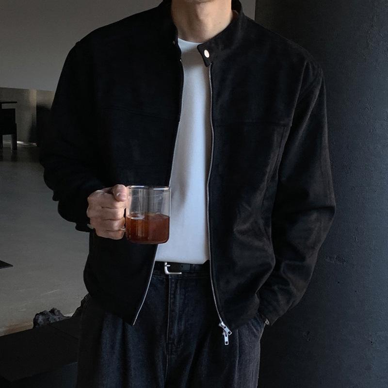 

Pre-sale Early Autumn Brown Stand Collar Deerskin Jacket - Loose Korean Style Warm Men s Outerwear XXXL чорний
