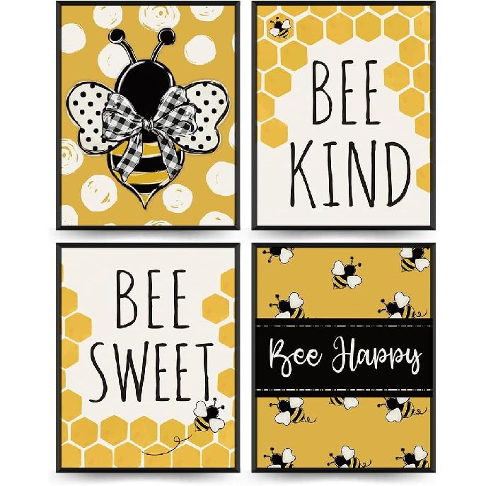 PLKMK Bee Wall Decor Set of 4,Bee Decor for Home,Bumble Bee Decor,Bee Home Decor,Summer Decor for Home,Bee Kind Wall Art,Yellow Decor,Bee Happy Sign