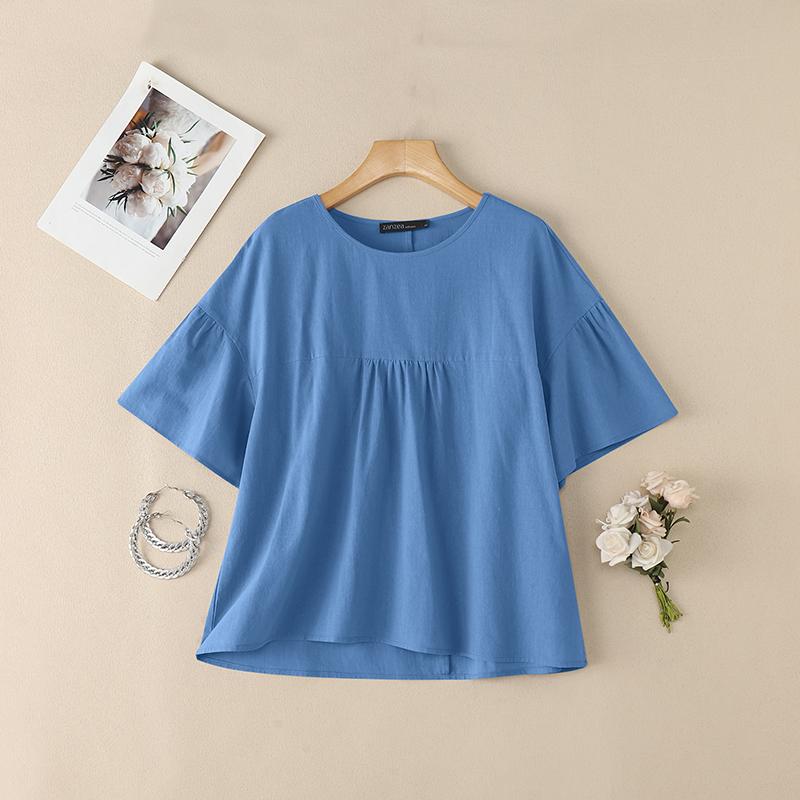 ZANZEA Damen Freizeit Rundhals Einfarbig Kurzarm Bluse