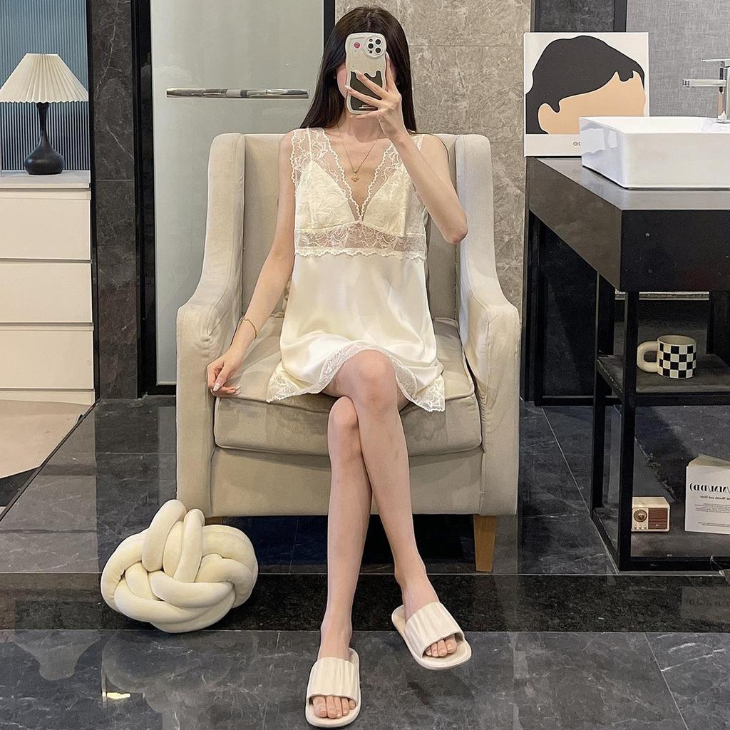 Thin ice silk nightdress suspender pajamas sexy charming women's spring and summer lace mesh vest simulation silk loungewear