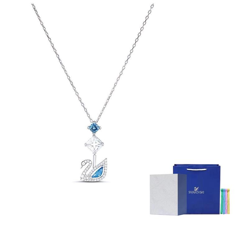 Swarovski Rhodium Plated, Faux Crystal Stone Necklaces Womens Blue F-Camellia Embossed Gift Box