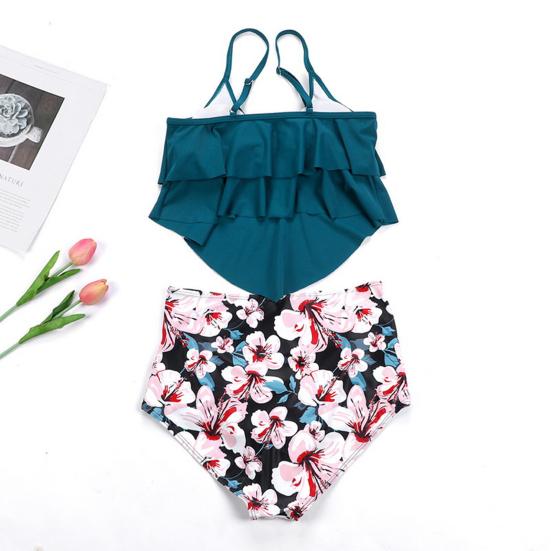 2Pcs/Set Split Bikini Coconut Tree Print Ruffles Two-piece Spaghetti Straps Slim Bathing