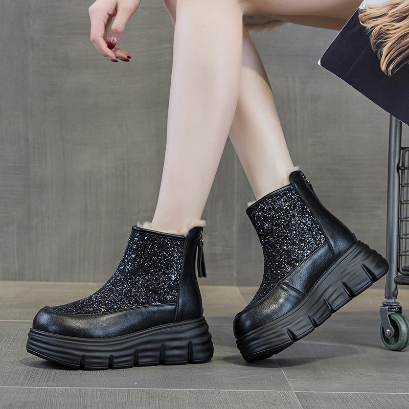 9965 Leather Snow Boots Women's Cotton Shoes Winter Velvet New Retro Short Boots Thick Sole