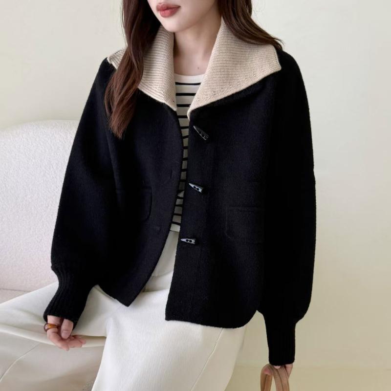 Women Beige Navy Collar Coat Toggle Button Pocket Loose Woolen Short Clothes