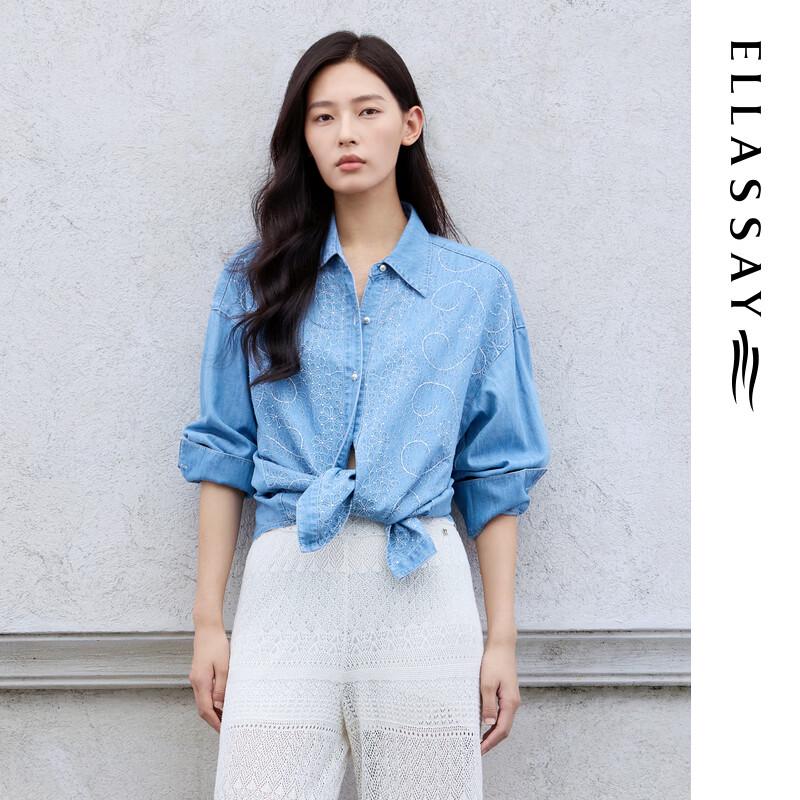 ELLASSAY Floral Embroidery Denim Shirt