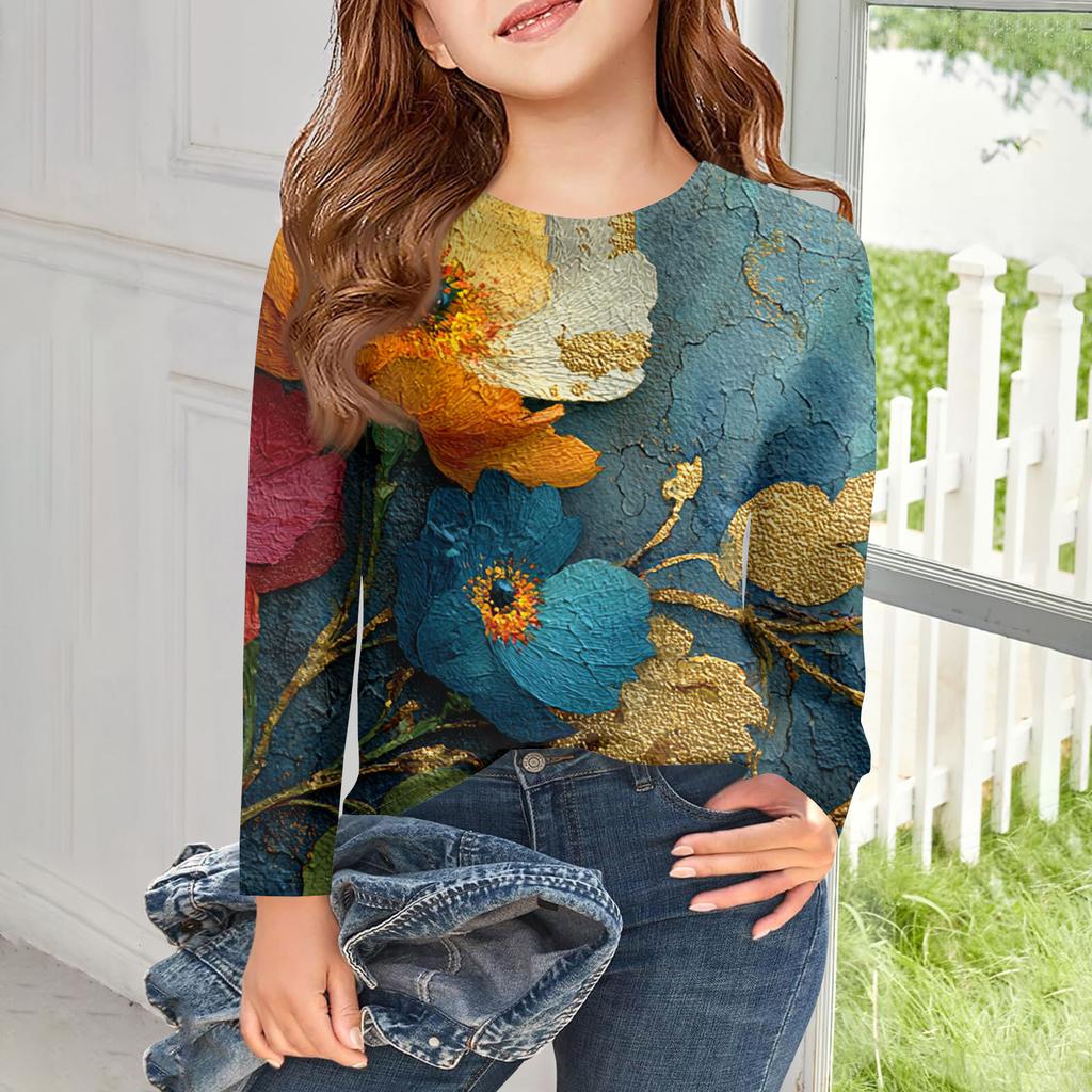 Girls Long Sleeve T Shirts Kids Fall Tops Crewneck Printed Basic Tees