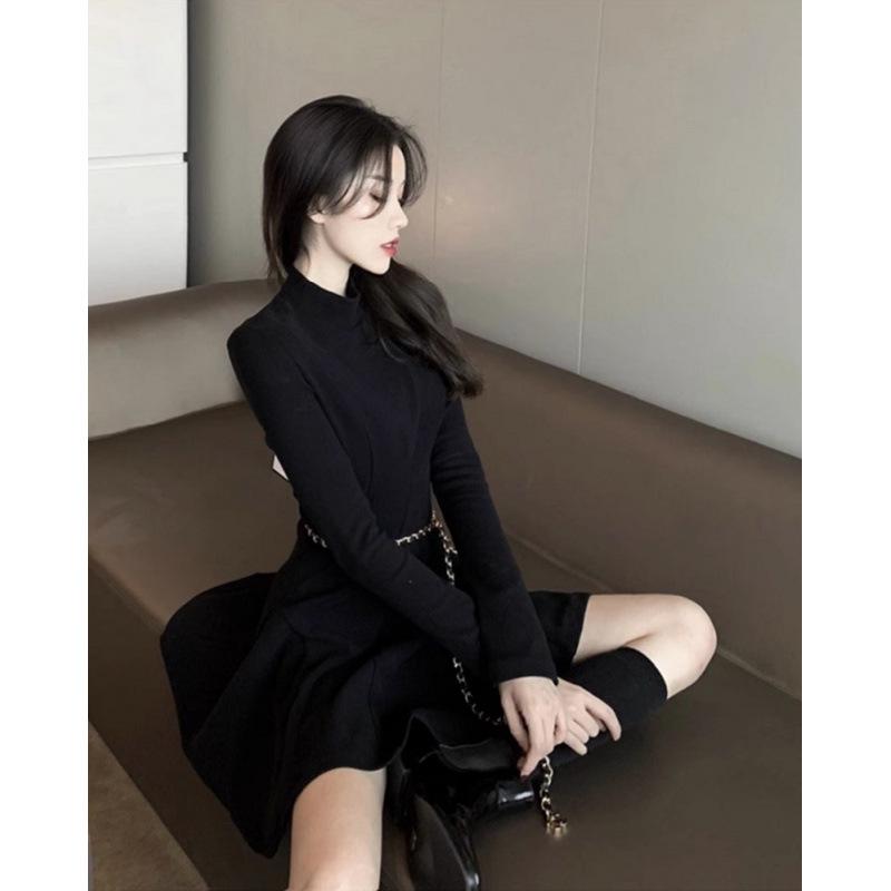 Women's Petite High-Neck Cinched-Waist Thermal Fleece Dress - Slimming A-Line Base Layer