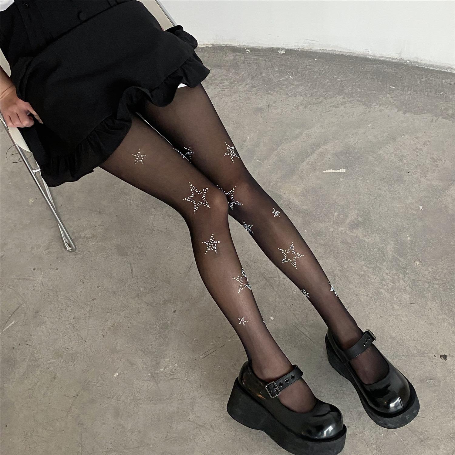 Hot Rhinestone Star Pantyhose Five-Pointed Star Shiny Rhinestone Nightclub Disco Black Silk Goddess Slimming Pantyhose