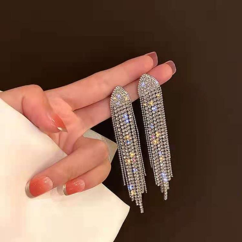 Fashion Statement Earring Long Full Rhinestone Big Earrings for Women Shining Tassel Dangle Earrings Wedding Jewelry Gift