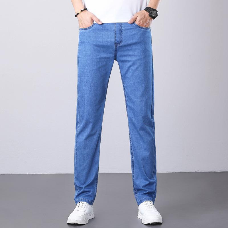 Summer lightweight denim trousers for men Casual long-length relaxed-fit straight-leg trousers Men's stretch versatile premium casual trousers