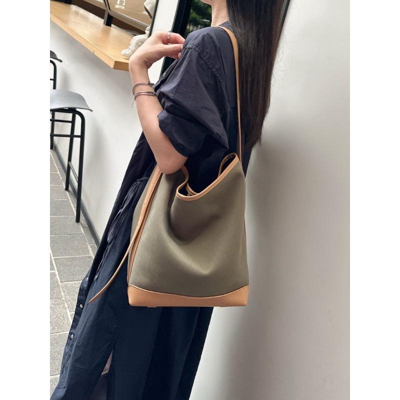 New leather cowhide with canvas bucket bag vegetable basket tote bag shoulder crossbody handbag women's bag