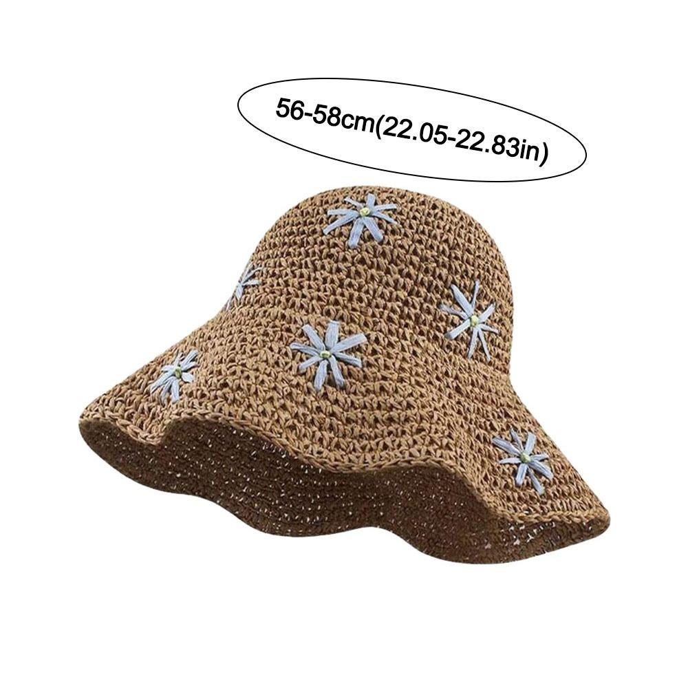 Straw Beach Sun Hat Flower Fisherman Cap Fashion Bucket Hat for Women