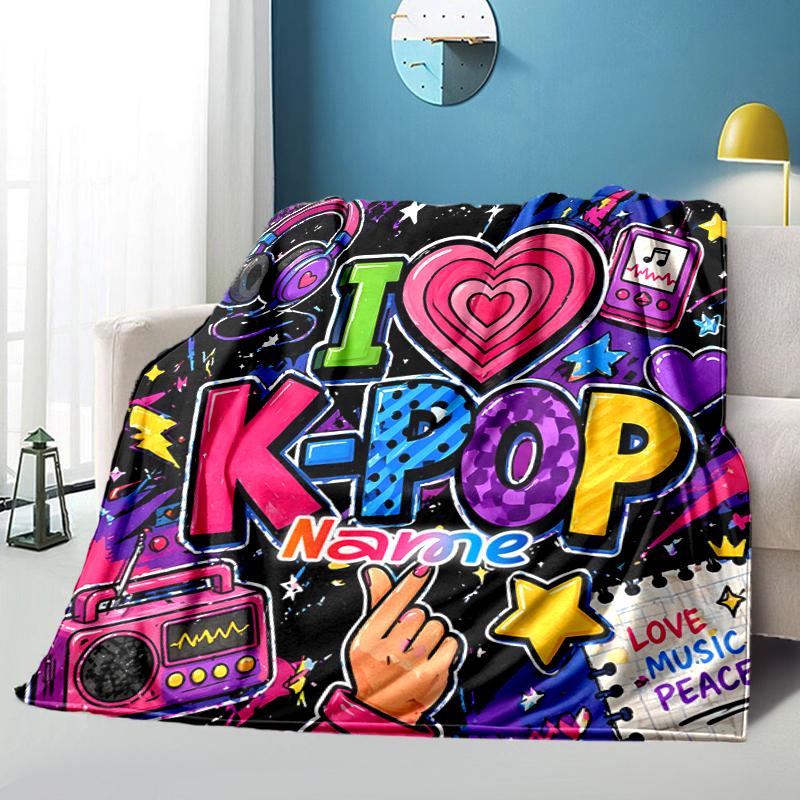 1PC Custom Name K-Pop Love Peace Outdooor Flannel Blankets Throw Blanket All-Season Throw Gift Bedspread for Couch, Bed, Camping Holiday Birthday Gift