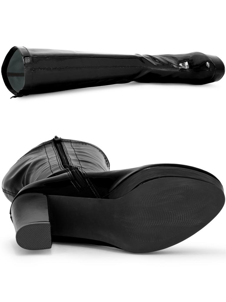 Allegra K Women's Patent Leather Platform Chunky Heel Knee-High Boots, Black, Size 24.5cm