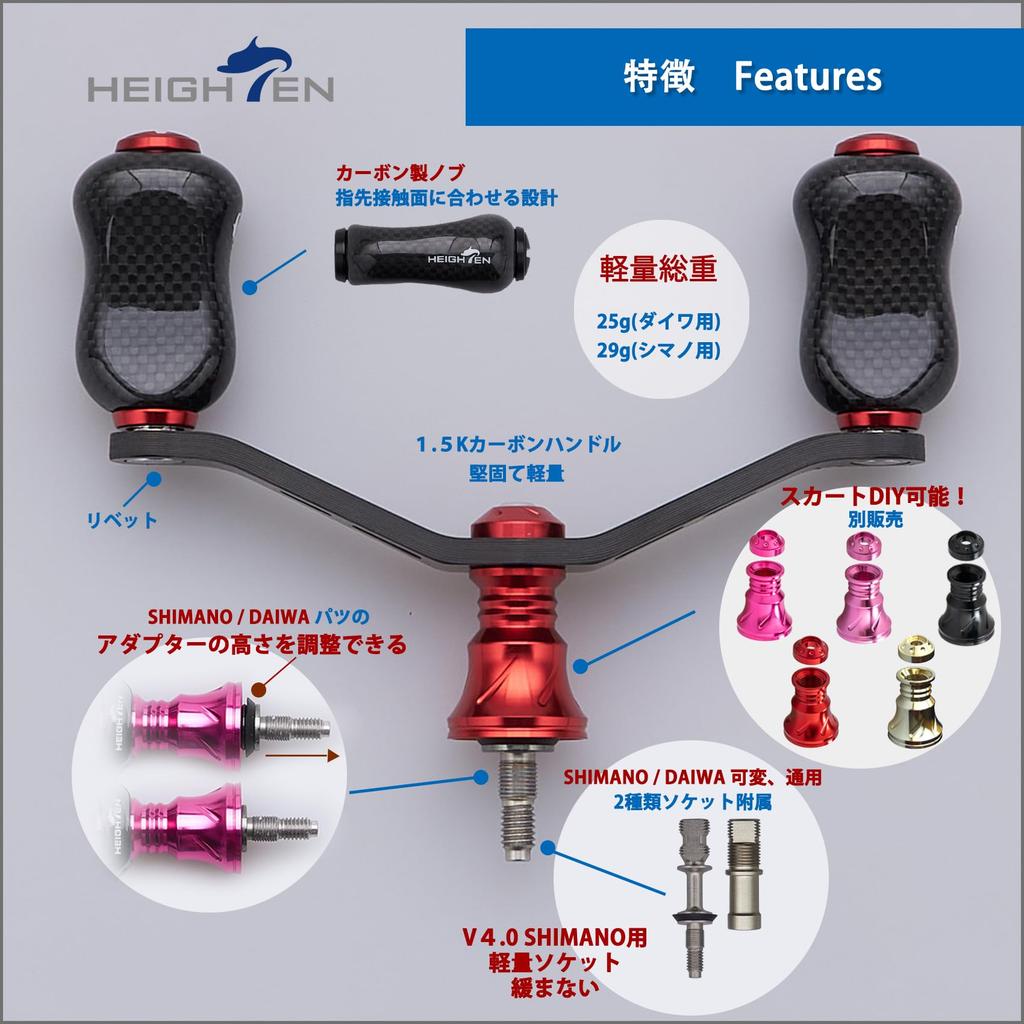 HEIGHTEN 90mm Reel Handle with 21mm Carbon Knob Shimano Daiwa Universal Carbon Handle for Spinning Reels Gourd Series 1.5K (Red) (749)