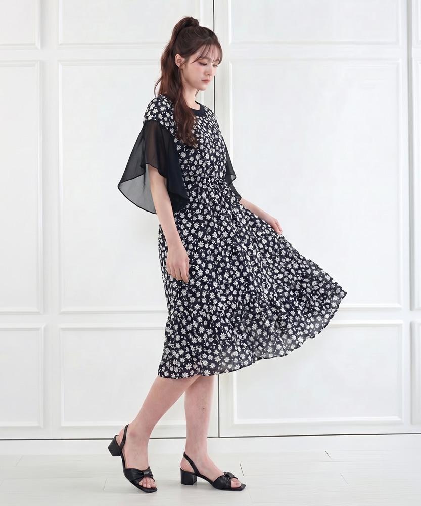 LBYL Black Floral Chiffon Sleeve Rayon Dress