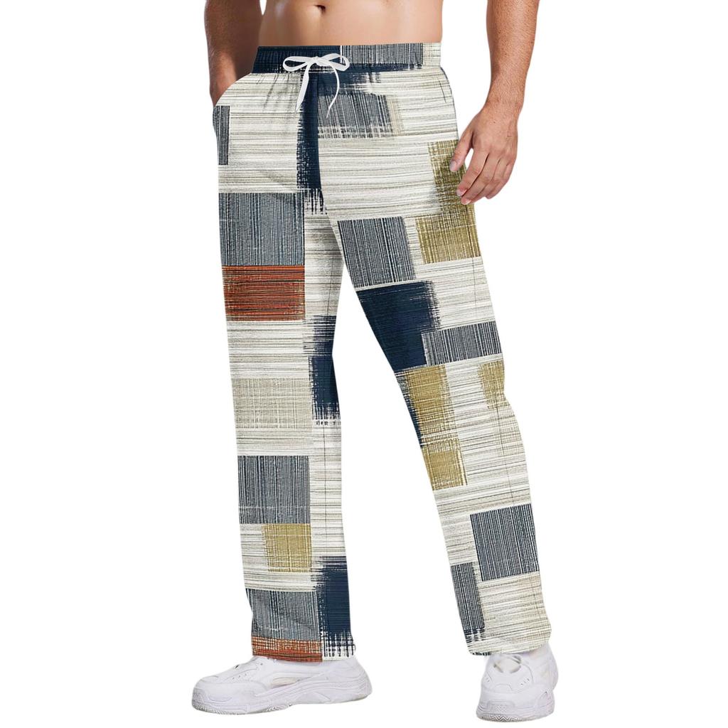 Herr Casualbyxor med fickor | Randig rutig tryckt, lös rak ben, elastisk midja med dragsko för daglig och avslappnad användning