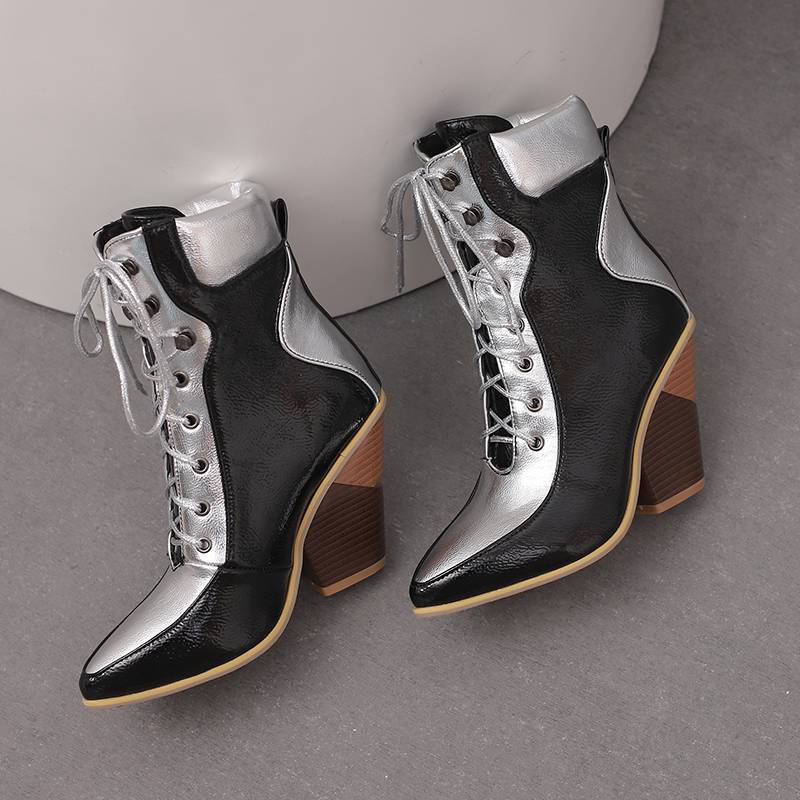 Krazing Pot Polyurethane Autumn Winter Shoes 47 Size 48 Super Size Wedges Pointed Toe Lace Up Serpentine Fashion Ankle Boots