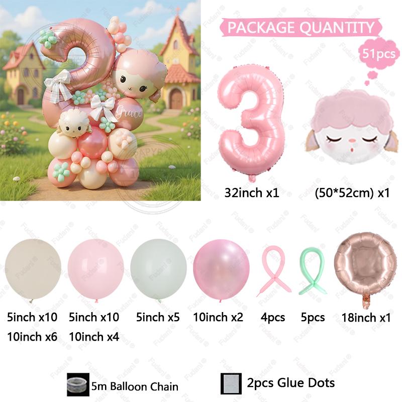 51Pcs Cute Pink Sheep Aluminum Film Balloon Pink Digital Balloon Set Girl Birthday Party Decoration Baby Shower Globos Gifts
