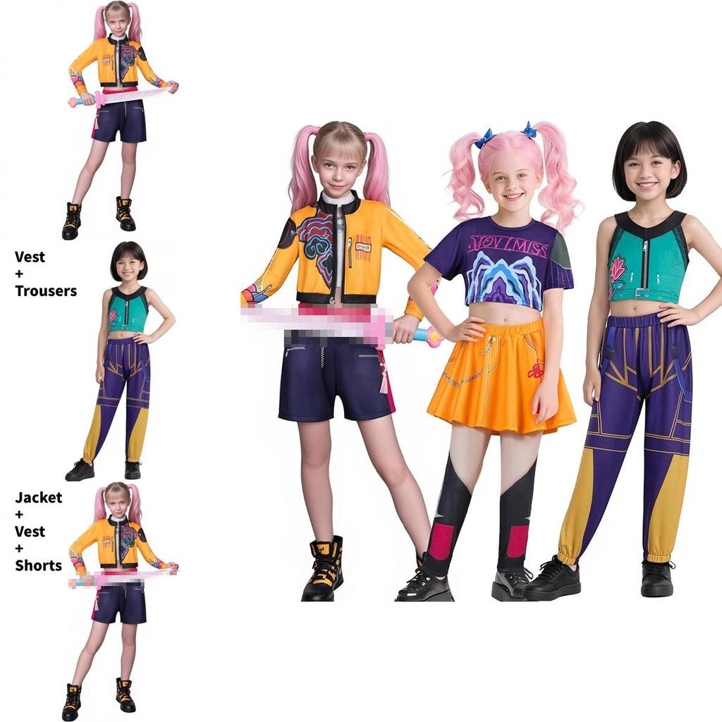 Kpop Dämonenjäger Rumi Mira Zoey Kostüm mit Polyesterstoff für Kinder Bühnenkleidung