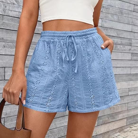 2026 European and American Women's Casual Hollow Elastic Drawstring Beach Shorts in Solid Color